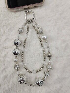 Silver Beaded Multi-Strand Charm Phone Wrislet with Crystal & Pearl Accents